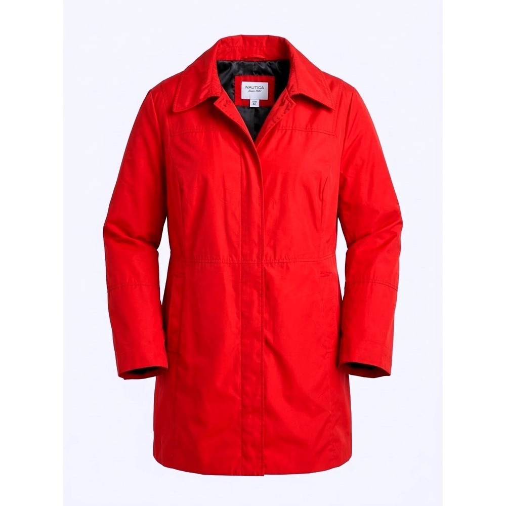 Nautica Womens Red Trench Coat Mid Length Zip Front Coastal Chic Jacket Size 1X